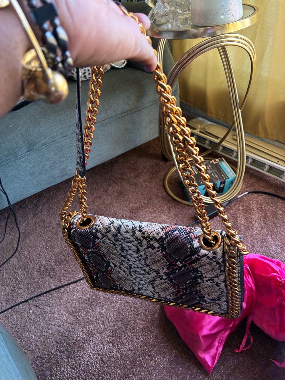 Aldo Snake-Print Shoulder Bag with Gold Chain Detail